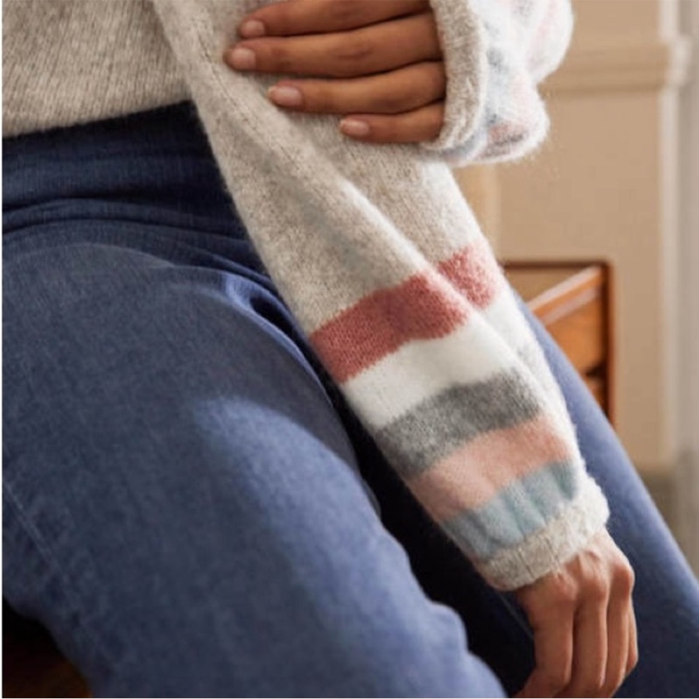 Boden Light Gray Crewneck Sweater with Pink & Blue Cuff Stripes - Picture 3 of 9